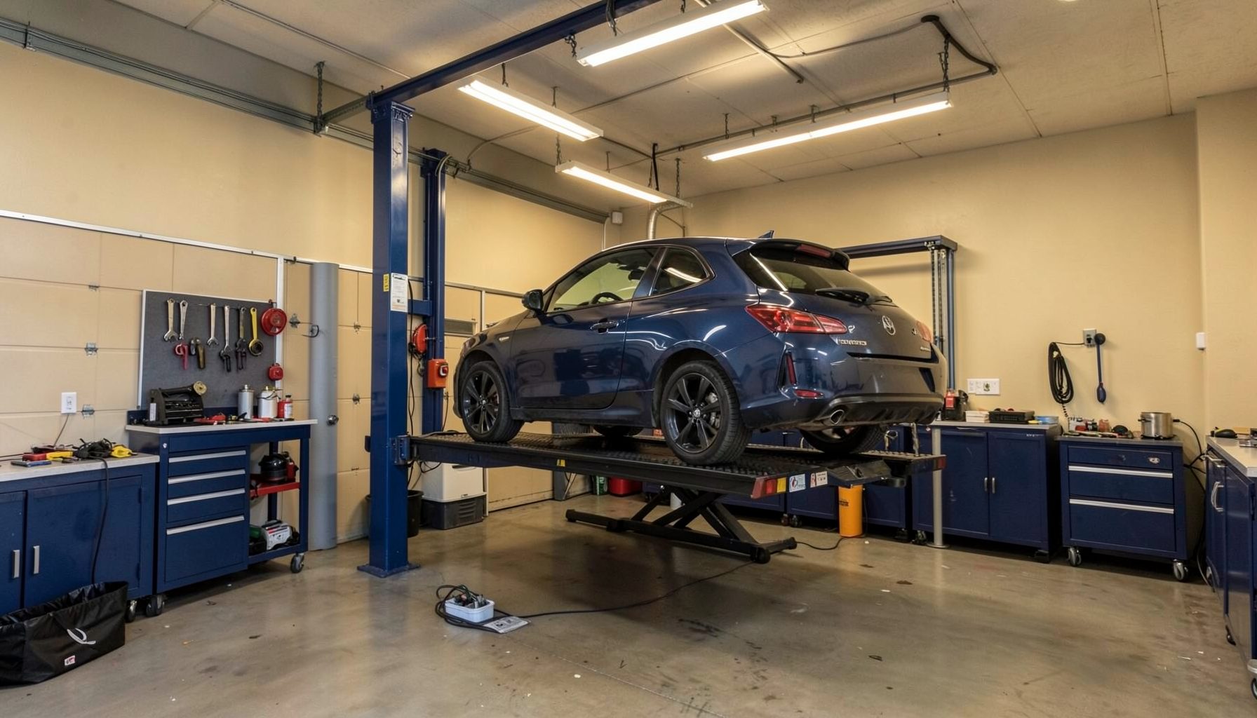 A clean garage workspace with a car on a lift, warm overhead lighting, navy and beige tones throughout