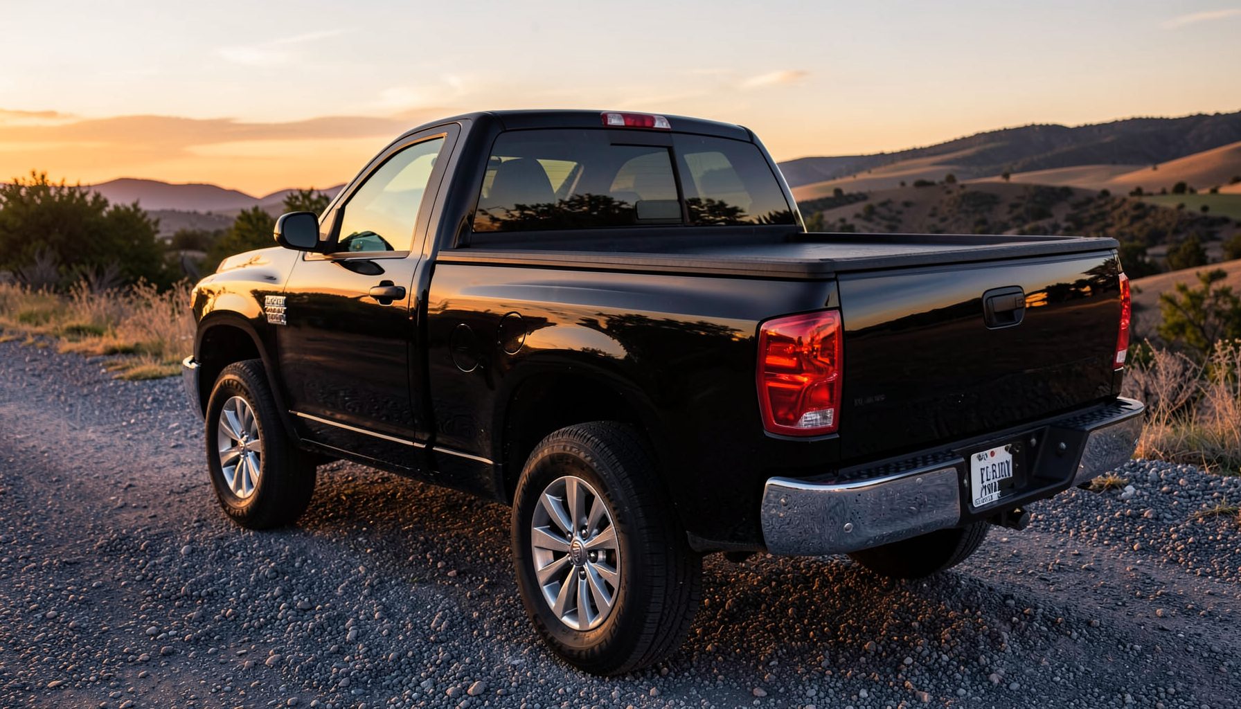 A glossy black pickup truck bed with a low-profile tonneau cover, parked on a gravel road at golden hour, warm amber and deep navy tones