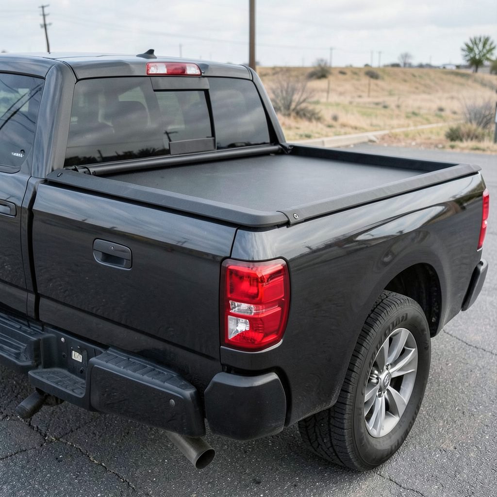A low-profile retractable tonneau cover installed on a dark pickup truck bed, seen from a rear three-quarter angle