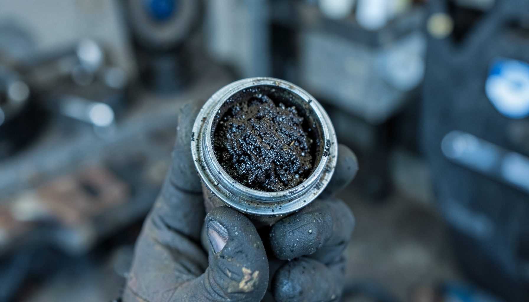 A mechanic's gloved hand holding a used oil filter with dark residue, workshop background in muted grays and cool blues