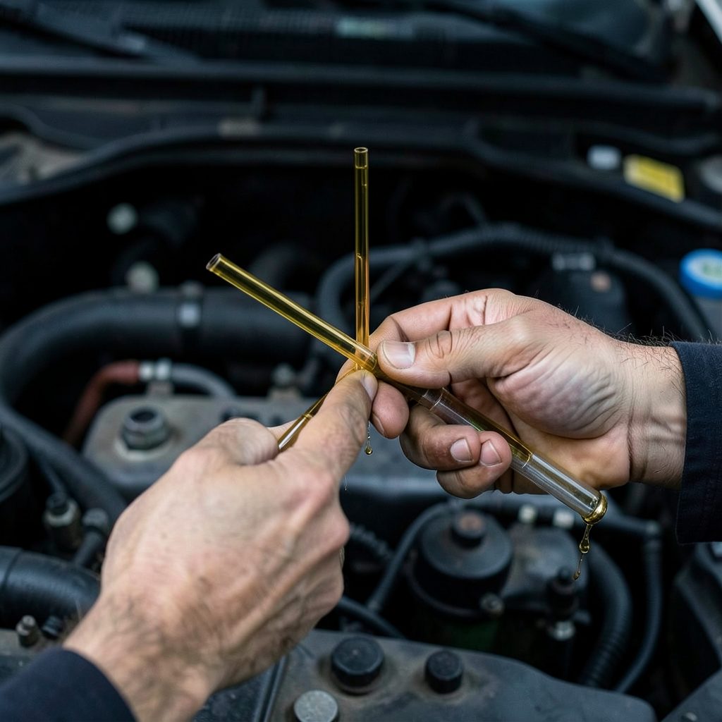 A mechanic's hand holding a dipstick with golden oil against a dark engine bay background