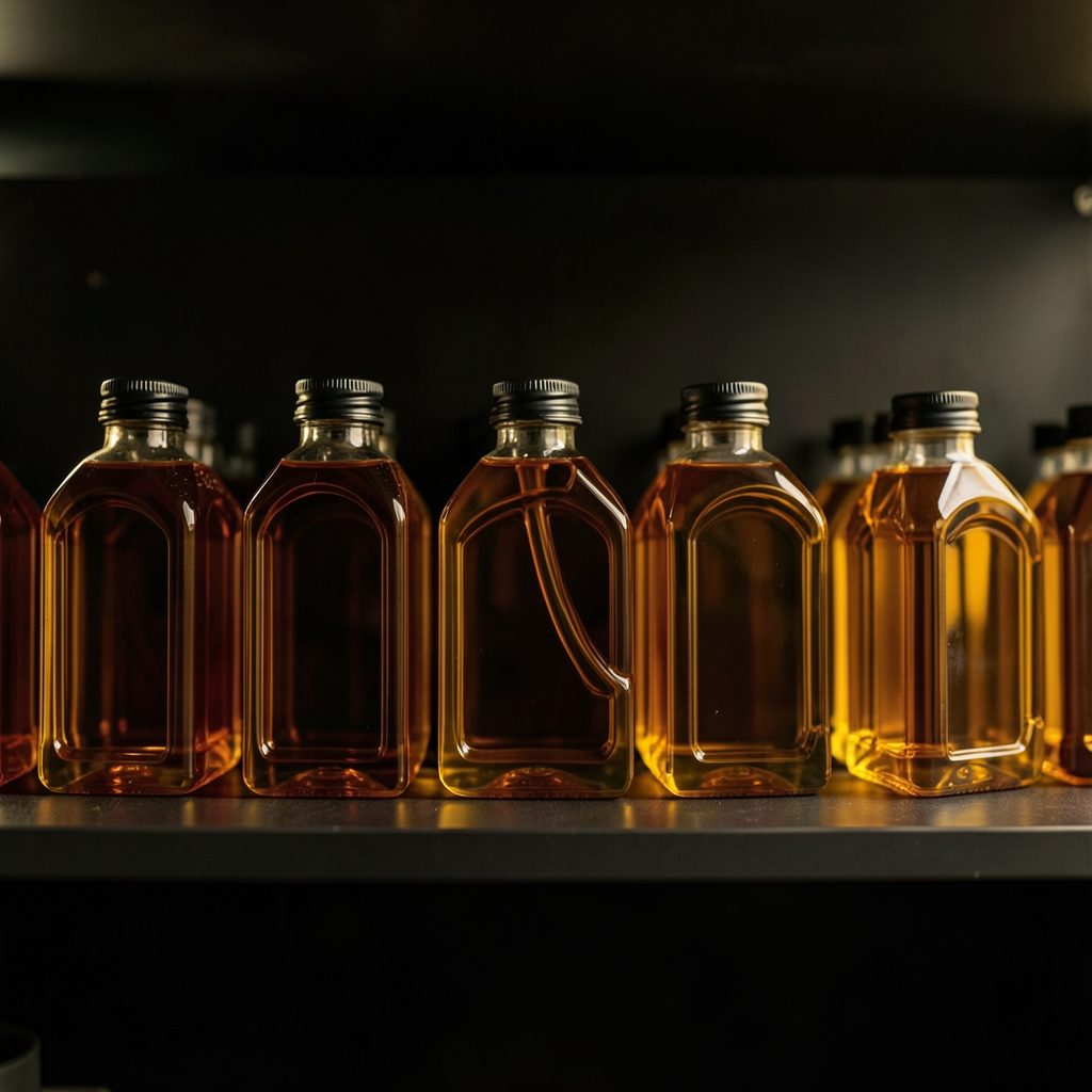 A row of amber motor oil bottles lined up on a dark garage shelf, warm golden tones against deep shadow, clean and product-focused