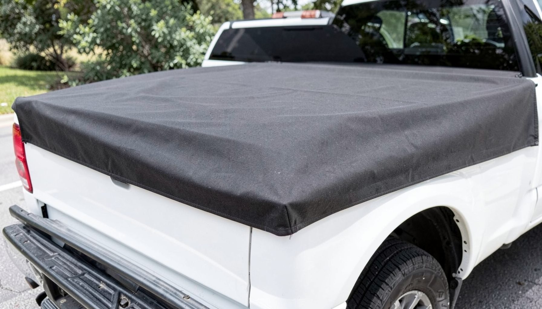 A soft roll-up tonneau cover stretched taut over a truck bed, dark charcoal fabric against a clean white pickup, bright daylight