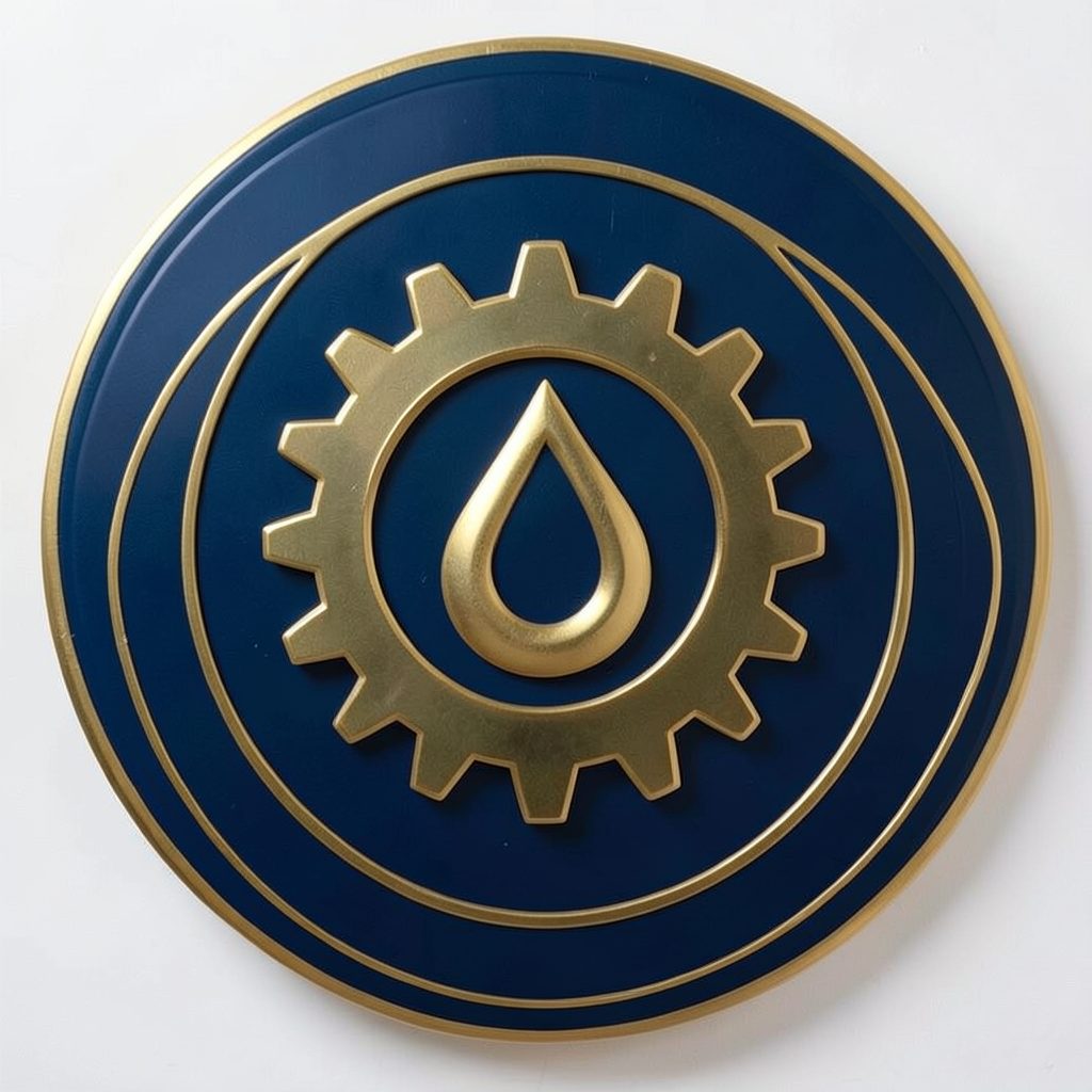 Circular emblem in deep navy and gold, featuring a stylized gear and oil-drop motif