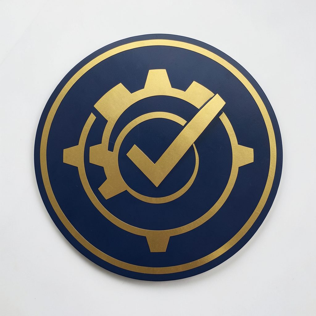 Circular emblem in deep navy and gold, featuring a stylized gear and checkmark motif