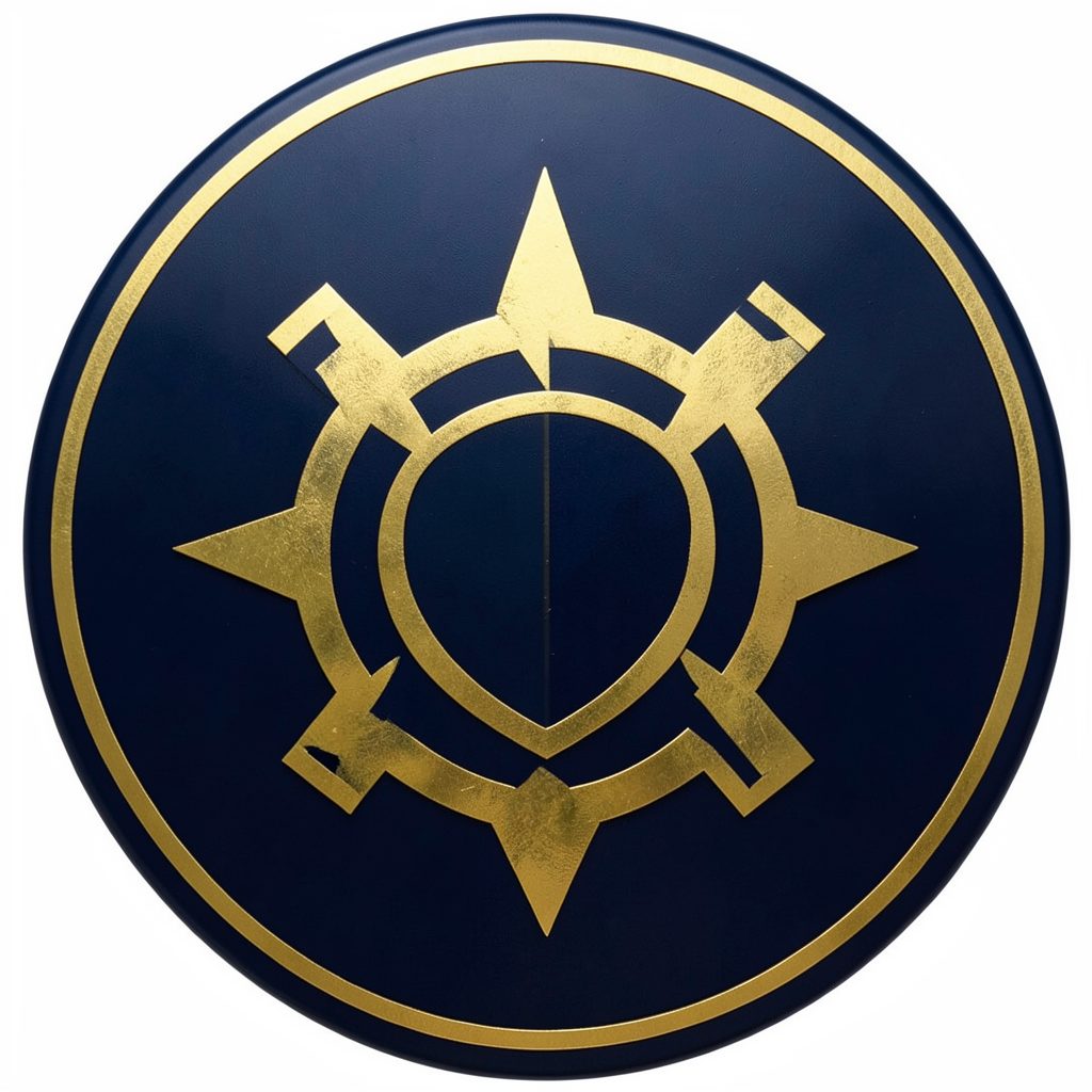 Circular emblem in deep navy and gold, featuring a stylized gear and shield motif