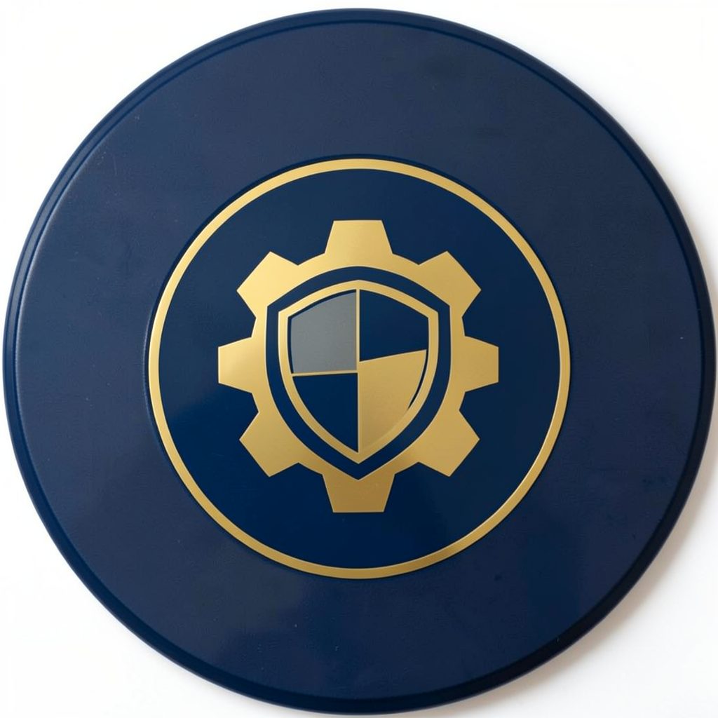 Circular emblem in deep navy and gold, featuring a stylized gear-and-shield motif that suggests automotive reliability and careful selection.