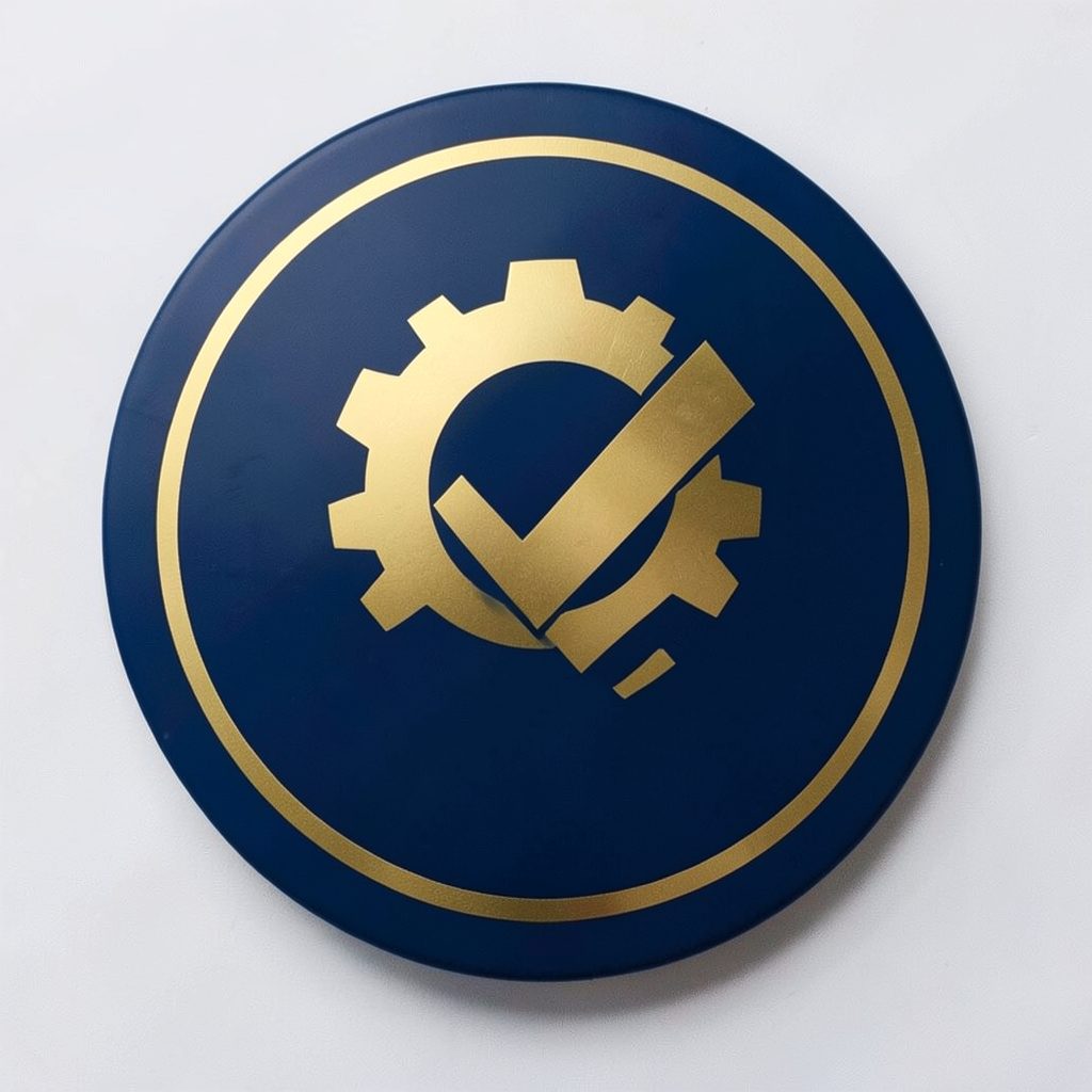 Circular emblem in navy and gold, featuring a stylized gear and checkmark motif