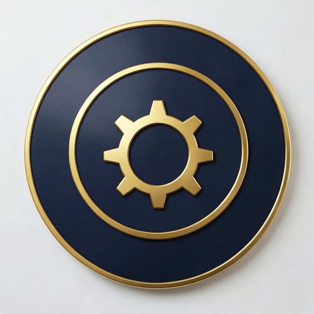 Circular emblem with a dark navy background and a thin gold border, featuring a stylized golden gear or automotive motif at its center