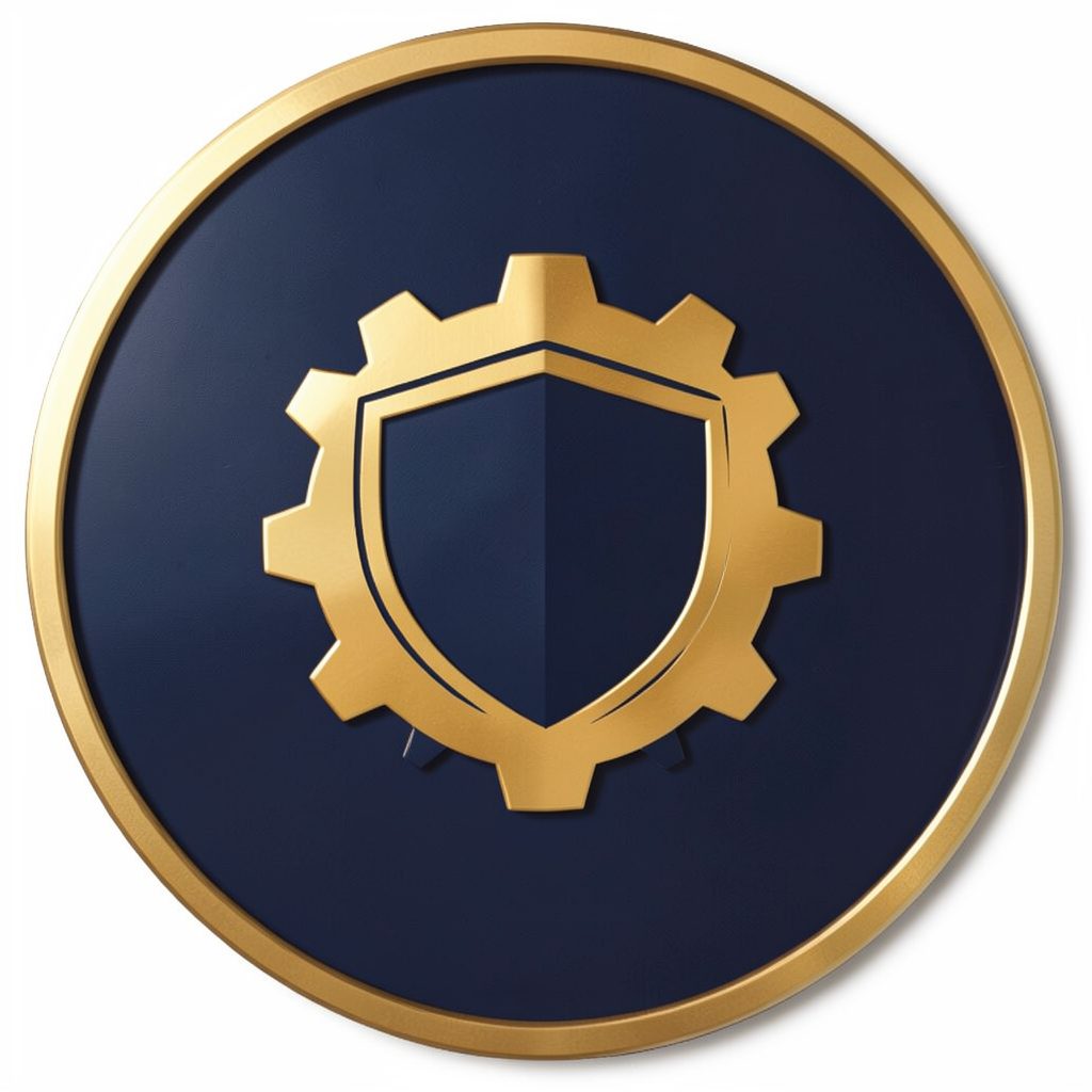 Circular emblem with a dark navy background and a warm gold gear-and-shield motif, conveying automotive expertise and trust