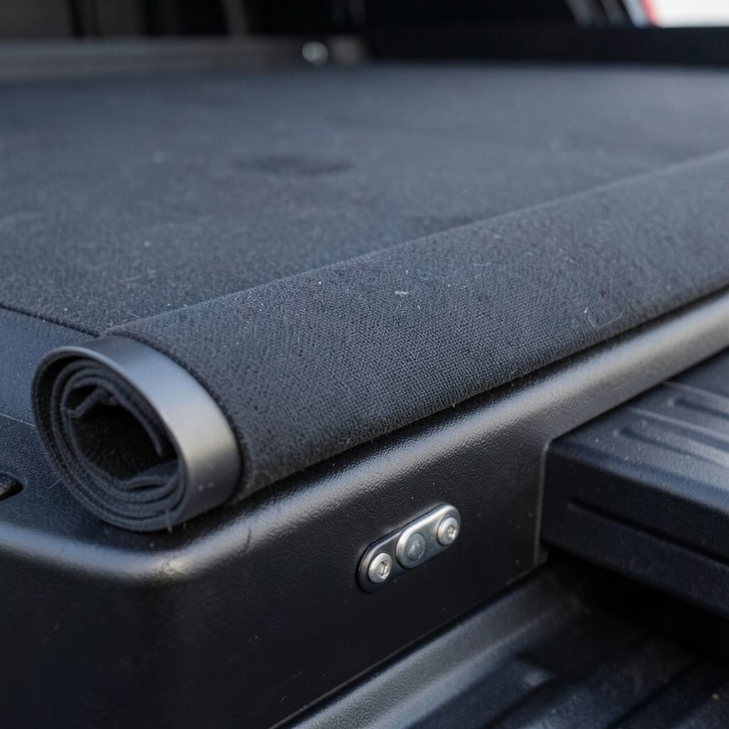 Close-up of a rolled tonneau cover on a truck bed rail, dark fabric texture with subtle metallic hardware
