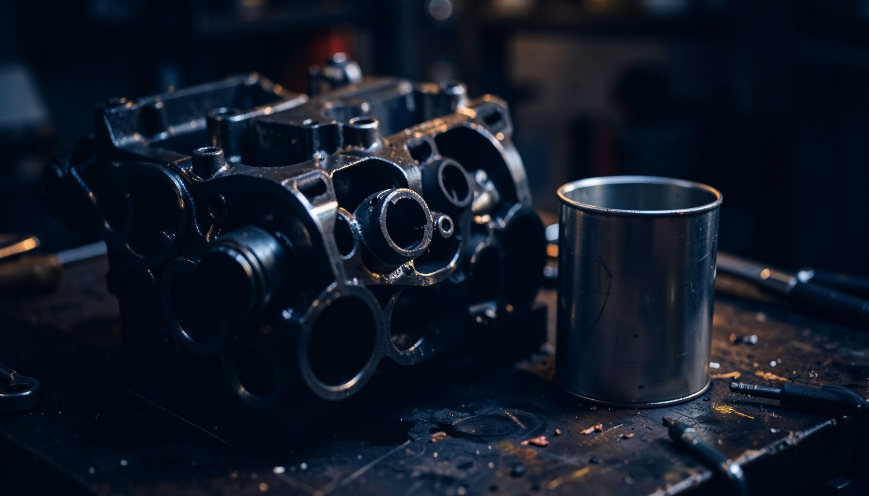 Dark atmospheric close-up of a polished engine block and oil canister on a workshop bench, deep navy shadows with warm amber highlights
