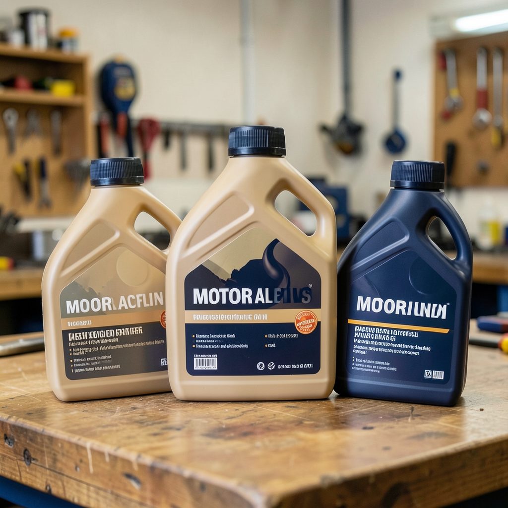 Five motor oil bottles arranged in a fan on a workshop table, warm beige and navy tones, product-focused