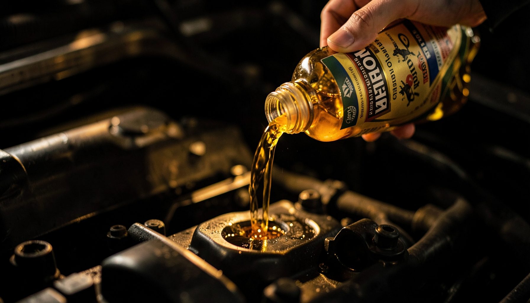 Golden fresh motor oil being poured from a bottle into an engine, warm amber glow against a shadowed engine compartment