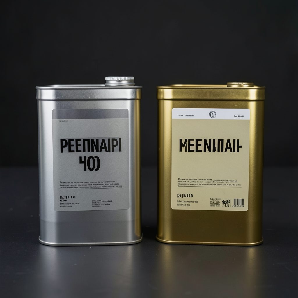 Two oil containers side by side on a dark surface, one silver-labeled and one gold-labeled, soft studio lighting