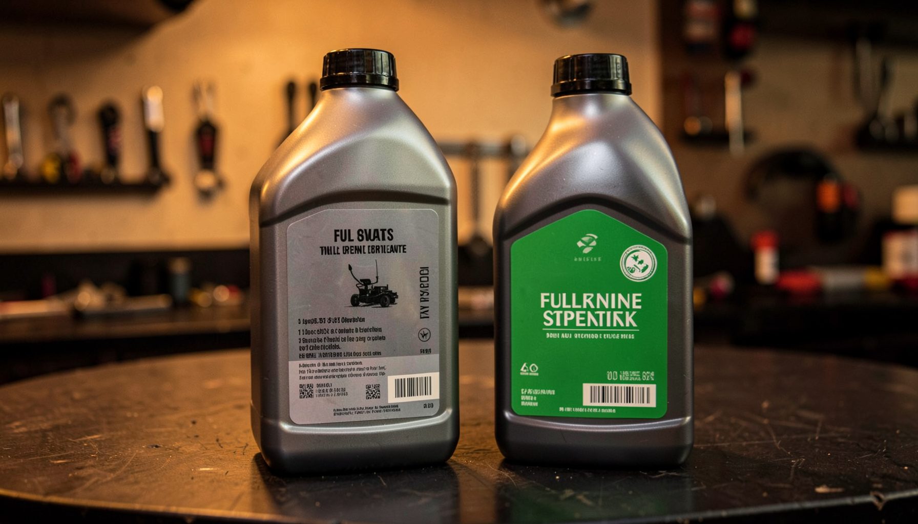 Two quarts of full synthetic motor oil side by side on a dark workshop bench, one with a silver label and the other with a green label, warm amber lighting
